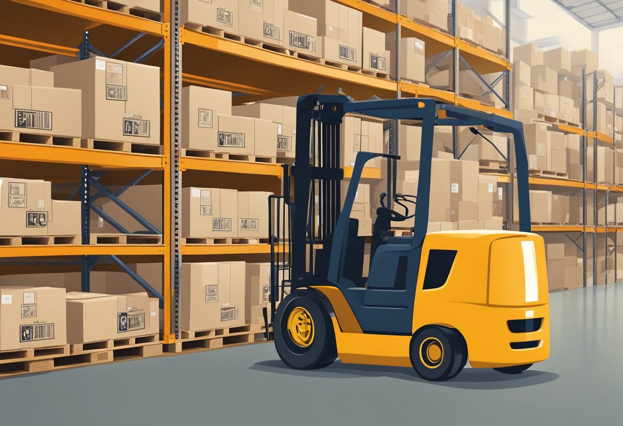 Boxes stacked neatly in a warehouse, with moving company logos on the sides. A forklift moves pallets of belongings to and from shelves