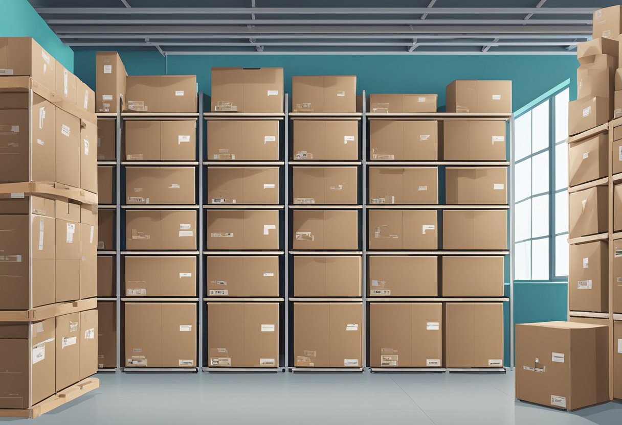 A spacious storage unit filled with neatly stacked boxes and furniture, labeled with the names of different customers. A moving company logo is prominently displayed on the wall