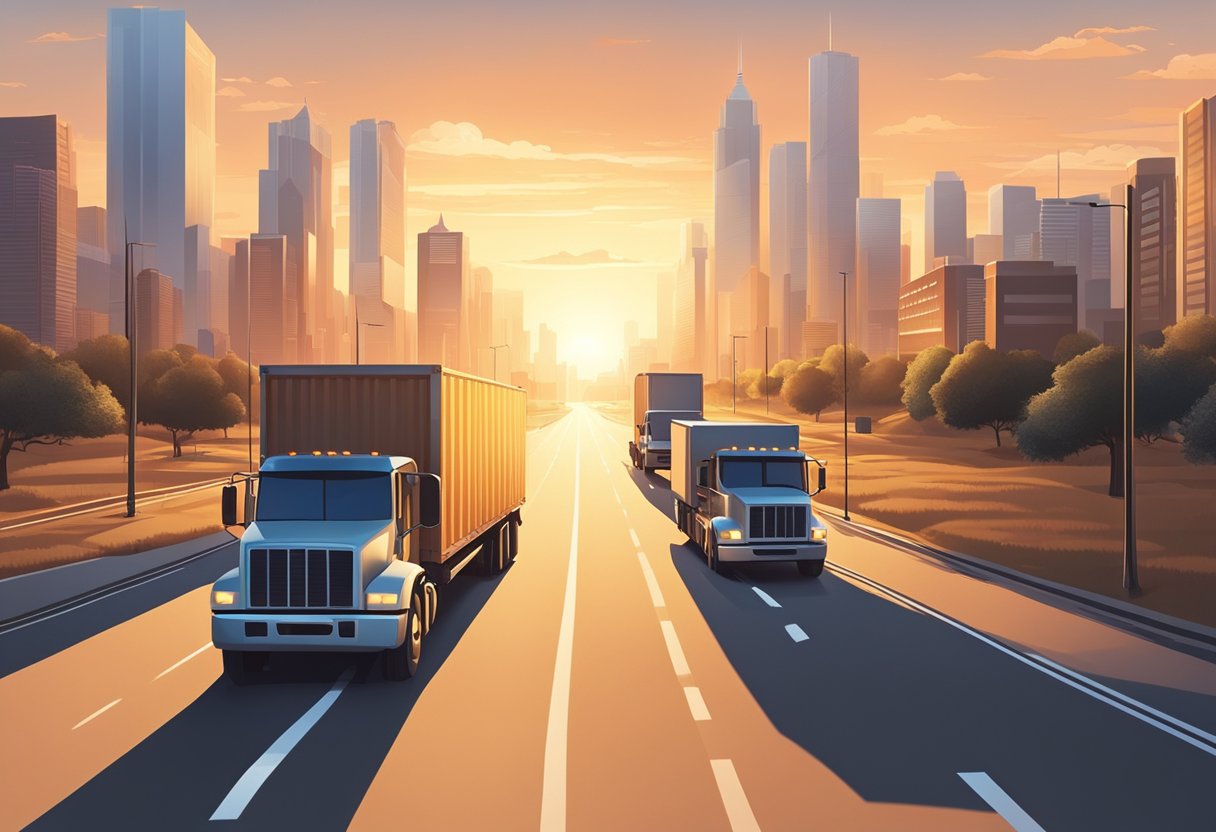 An open road leading towards a modern city skyline, with moving trucks and boxes in the foreground. Sunrise or sunset light casting a warm glow