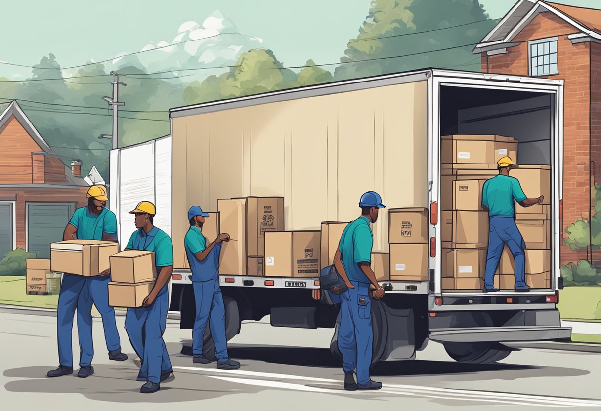 Movers loading a truck with hourly workers on one side and flat rate workers on the other, in Georgia