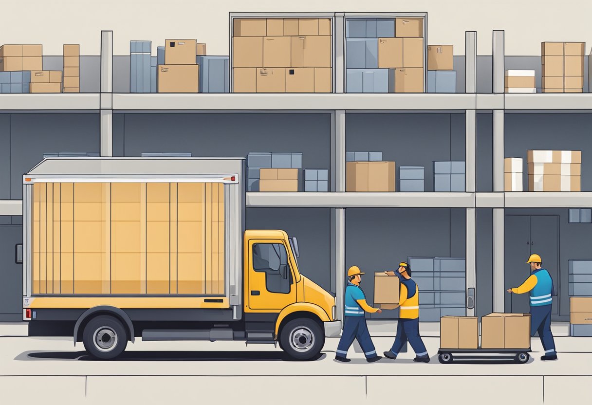 A moving truck parked outside a storage facility, with workers unloading and storing boxes into the unit