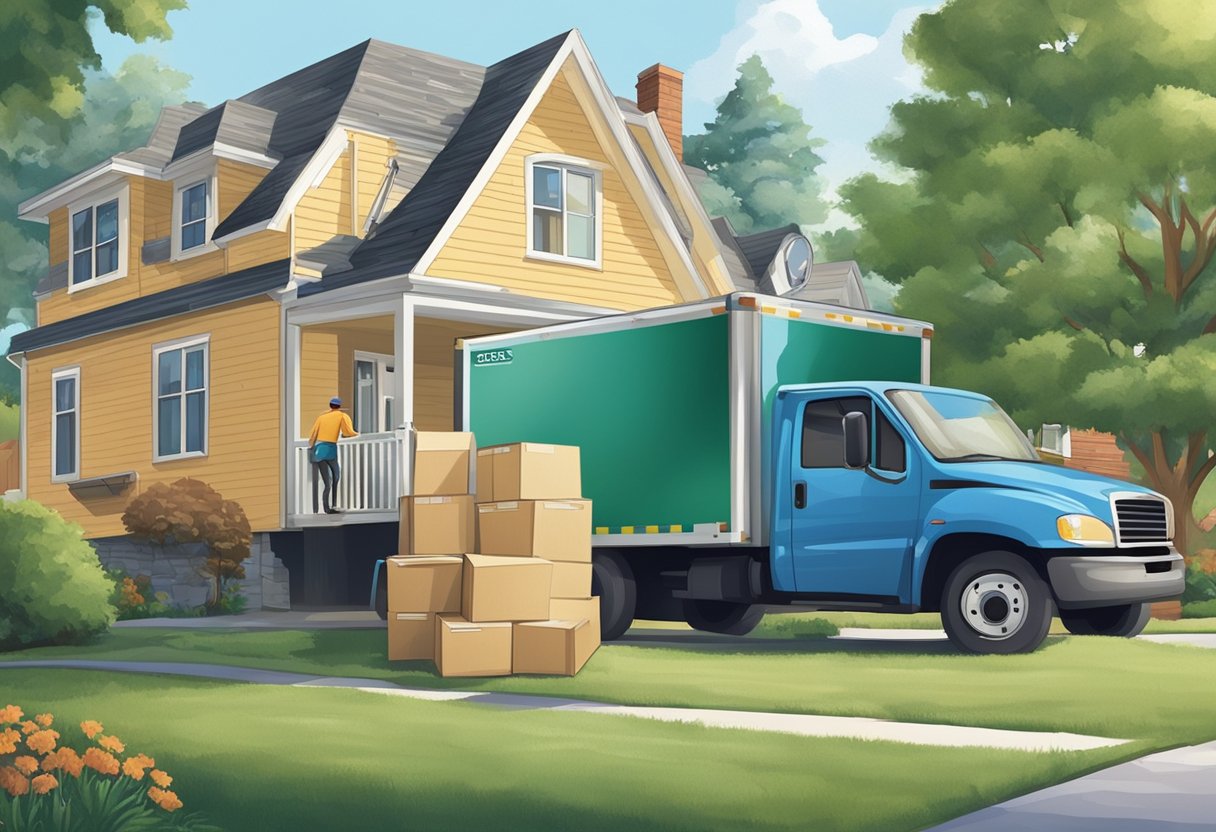 A moving truck parked next to a suburban home, with workers carrying boxes and furniture into the house. A clock on the wall shows the passing time