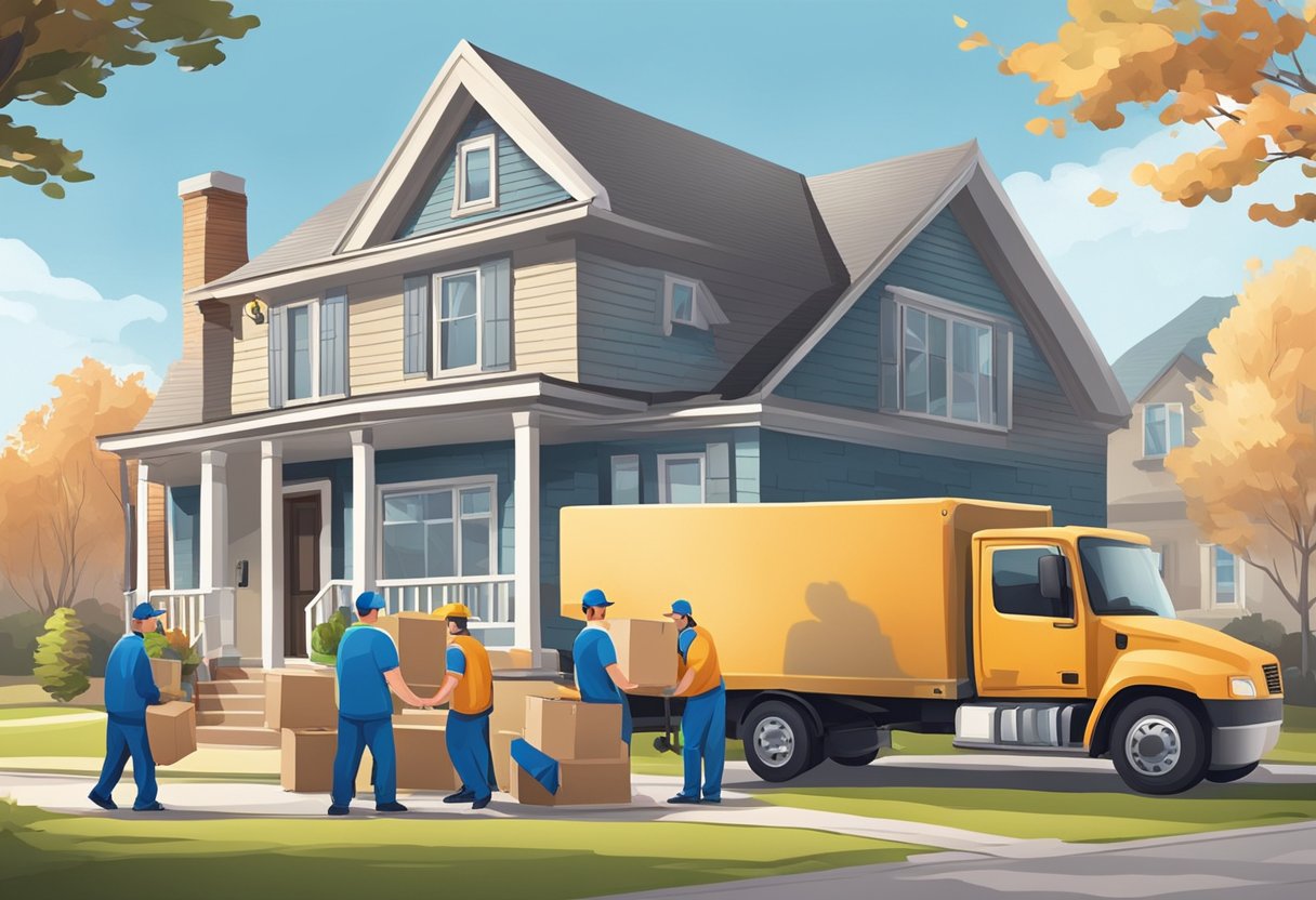 A moving truck parked outside a house, with a team of movers carrying boxes and furniture into the vehicle. The team works efficiently and communicates well