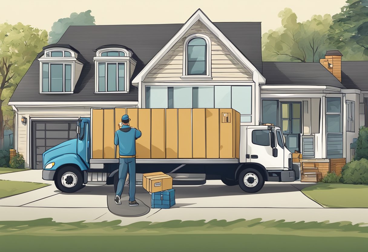 A moving truck parked in front of a house, with movers carrying furniture and boxes out of the home