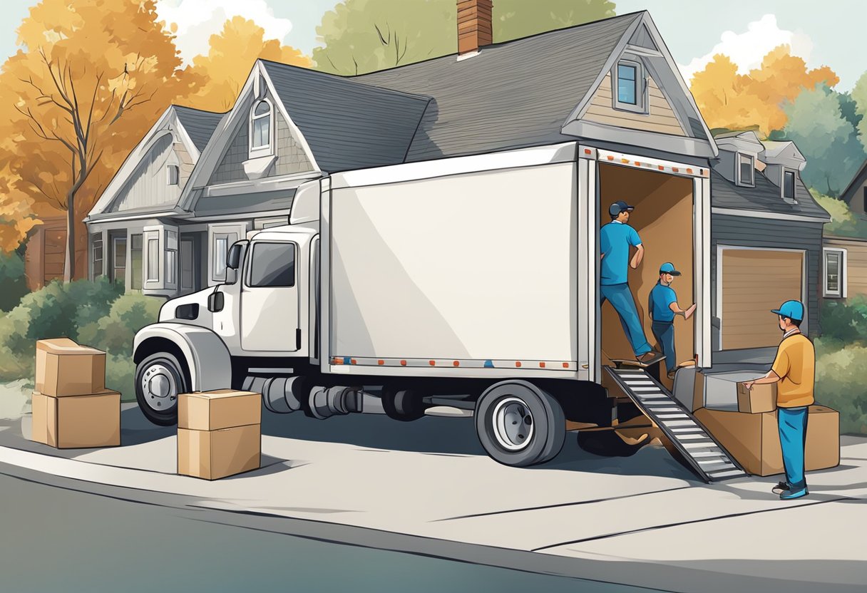 A moving truck parked outside a house, with movers loading boxes onto the truck. One group works quickly, while the other takes their time