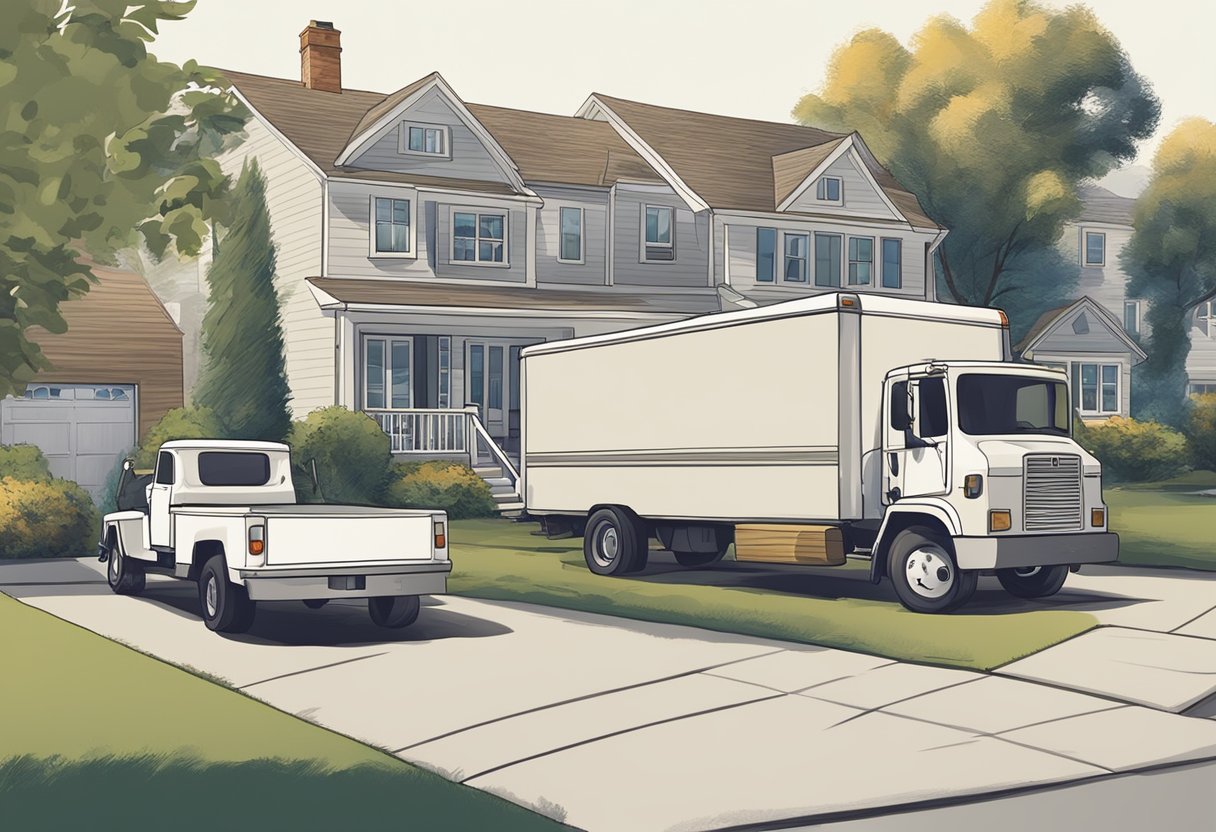 A moving truck parked in front of a house, with movers carrying boxes and furniture out of the home