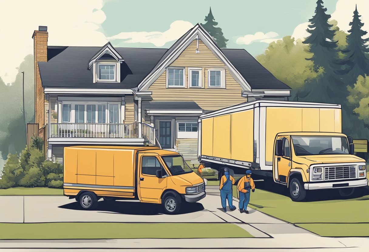 A moving truck parked in front of a house, with workers carrying boxes and furniture into the truck. A supervisor oversees the process, checking off items on a clipboard