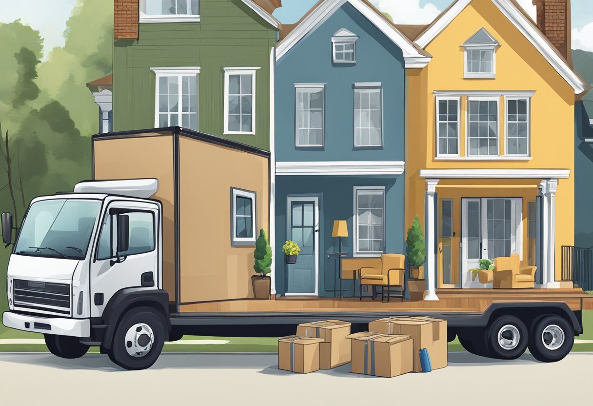 A moving truck parked outside a house in Atlanta, GA. Movers carrying furniture and boxes into the truck. House keys on a table