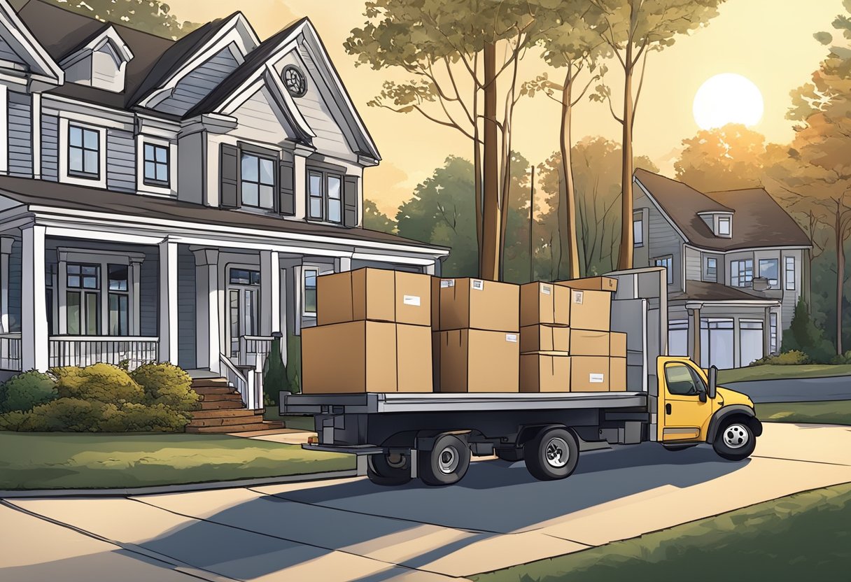 Movers carefully load a truck with furniture and boxes outside a suburban home in Alpharetta, GA. The sun sets behind the trees as they prepare for a challenging move