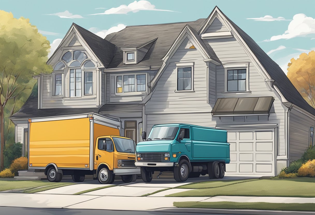 A moving truck parked in front of a suburban home, with movers unloading boxes and furniture onto the driveway