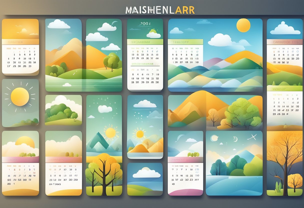 A calendar with highlighted months, surrounded by seasonal symbols and weather indicators