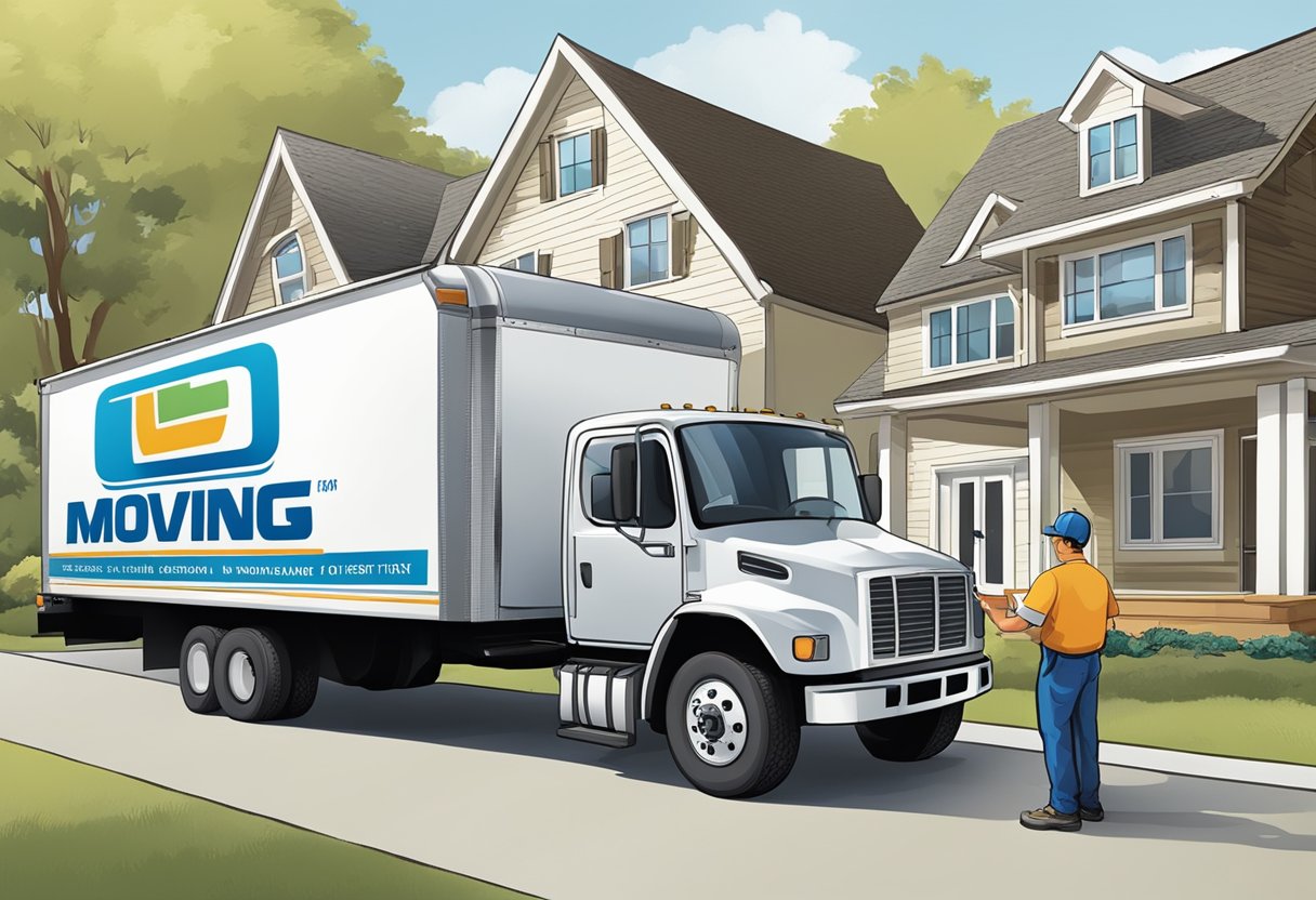 A moving truck parked in front of a house, with a moving company logo on the side. A person is inspecting the paperwork and talking to the movers