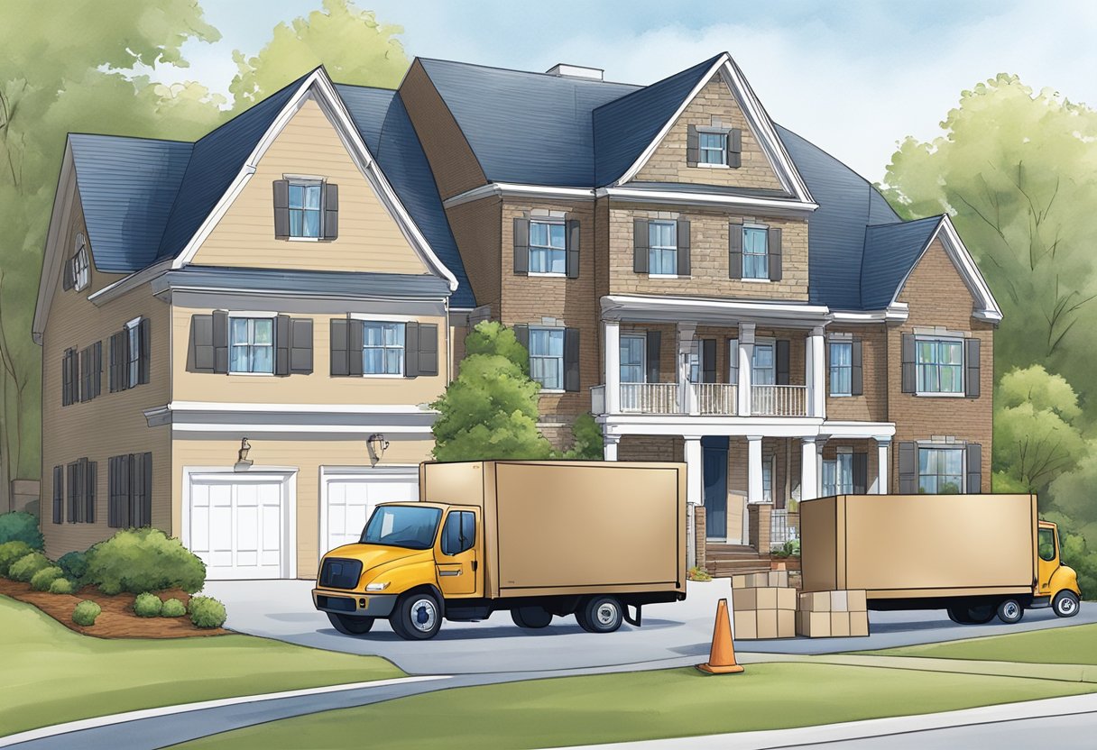 A moving truck parked outside a house in Alpharetta, GA. Boxes and furniture being loaded and unloaded. A support team assisting with the process