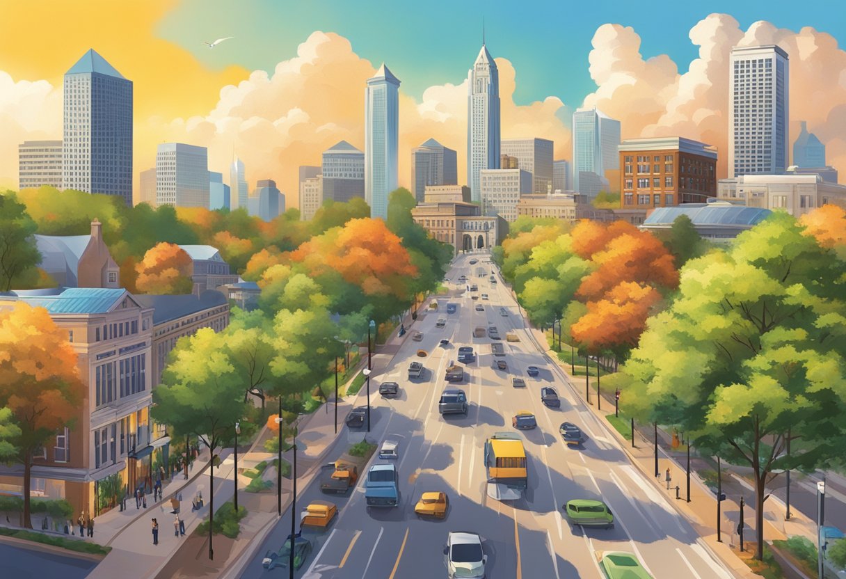 A bustling city scene in Atlanta, GA, with trees in full bloom and a mix of sunshine and clouds, depicting the changing seasons