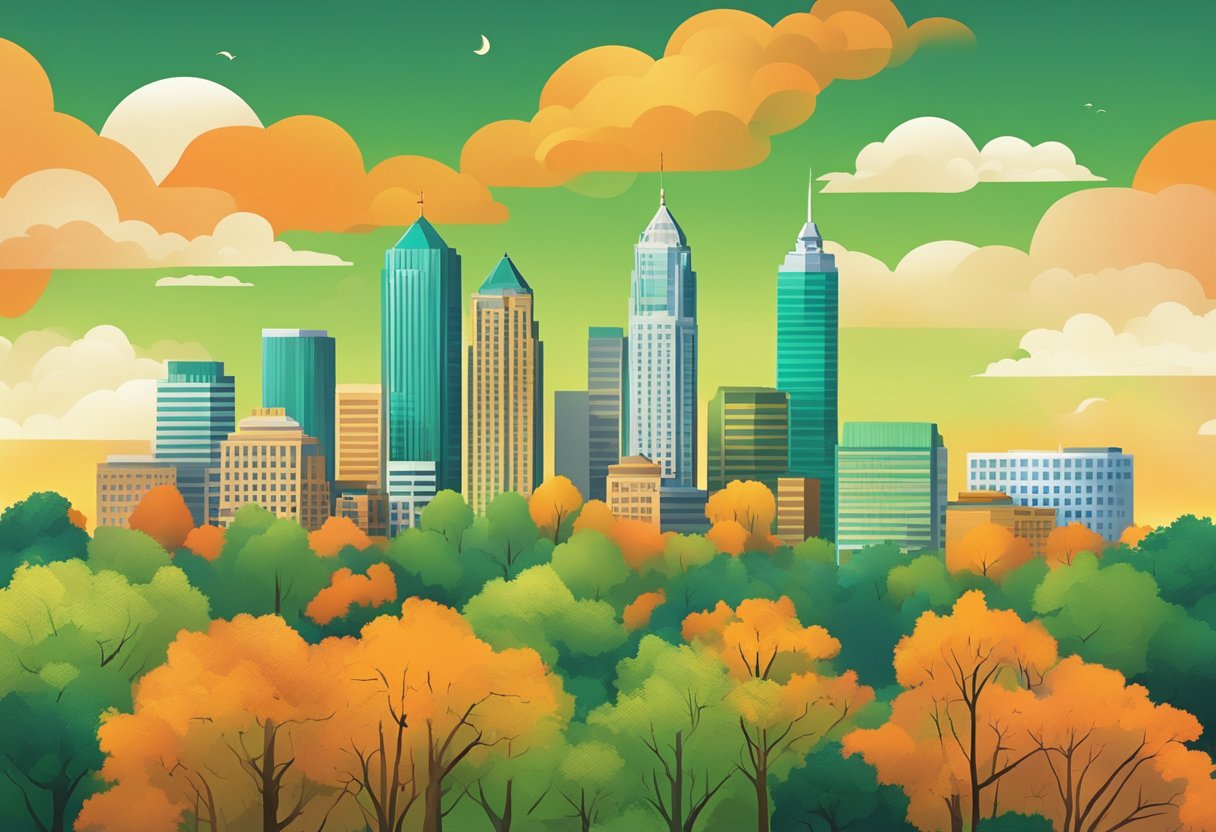 A colorful illustration of Atlanta's skyline with trees changing from green to orange, depicting the changing seasons and the best time to move