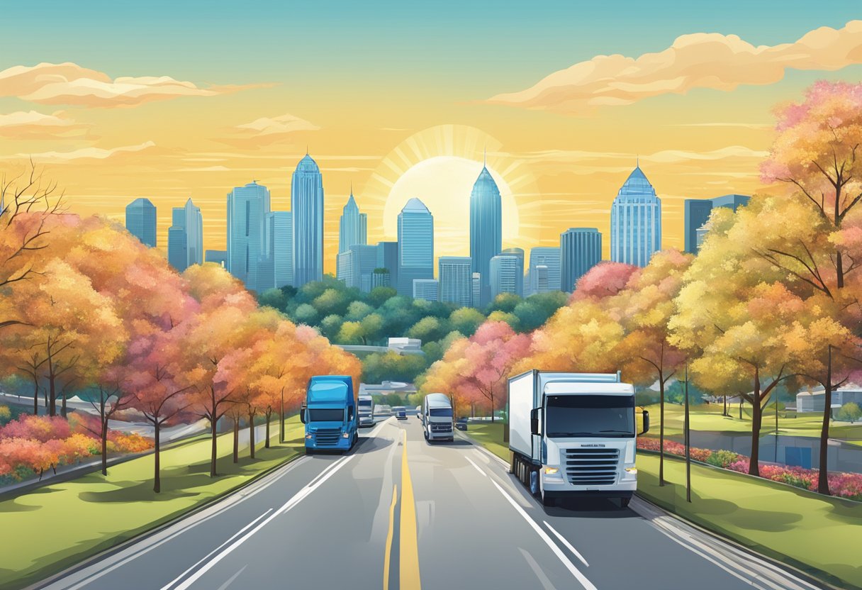 A sunny Atlanta skyline with moving trucks and trees in full bloom