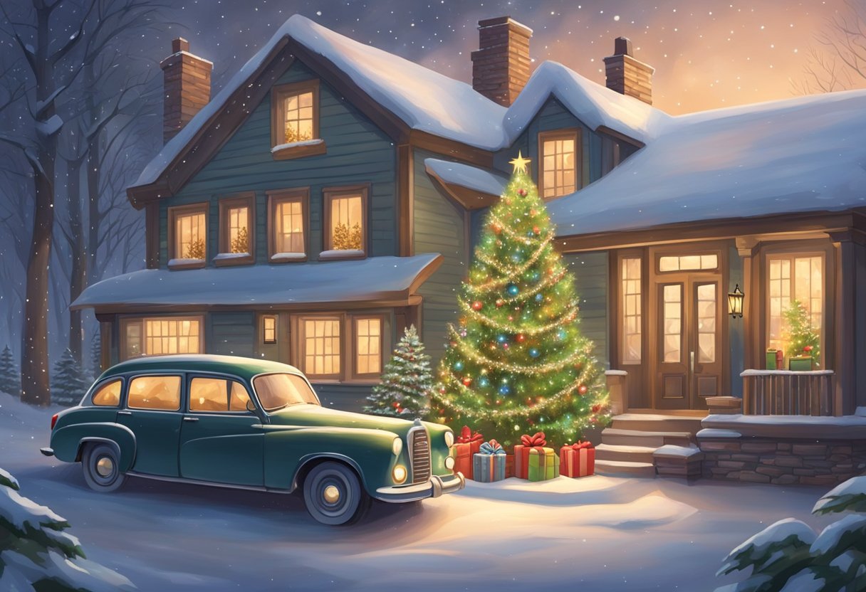 A cozy living room with a twinkling Christmas tree, wrapped presents, and a crackling fireplace. Outside, snow falls gently as a family car drives through the winter wonderland