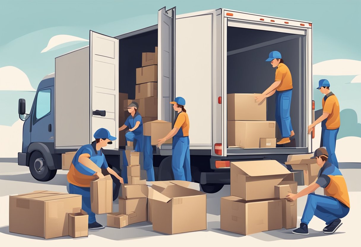 A team of movers carefully packs and loads household items into a moving truck, while others disassemble furniture and wrap it for protection