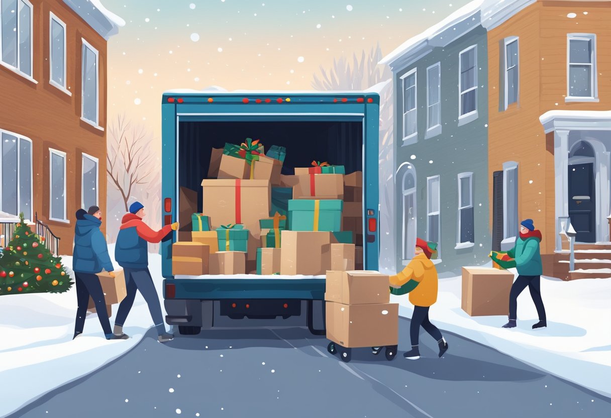 A family unloads boxes and furniture from a moving truck on a snowy day, surrounded by holiday decorations and a festive atmosphere