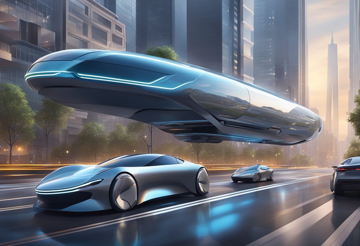 A sleek, futuristic vehicle glides effortlessly along a city street, surrounded by smart infrastructure and automated transportation systems