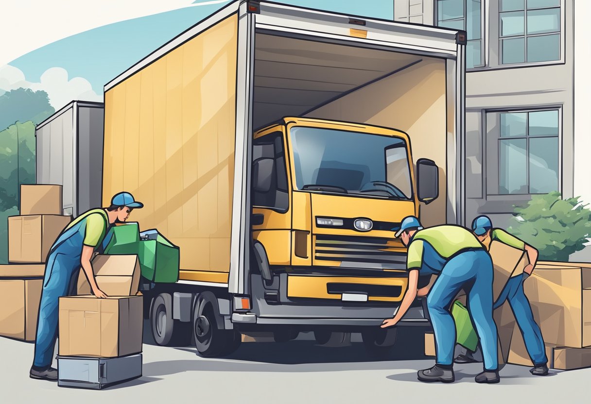 Movers carefully pack and load boxes and furniture onto a moving truck, ensuring everything is secure and organized for a hassle-free relocation