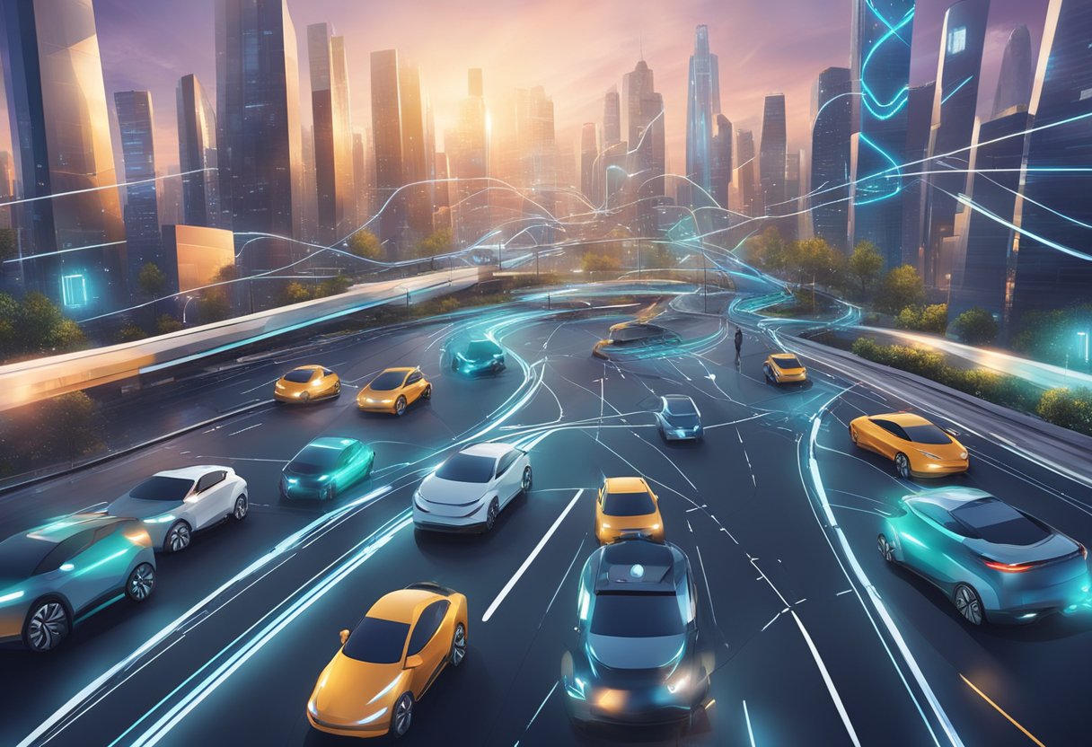 A network of self-driving vehicles navigating a futuristic cityscape, with interconnected roads and buildings showcasing advanced technology