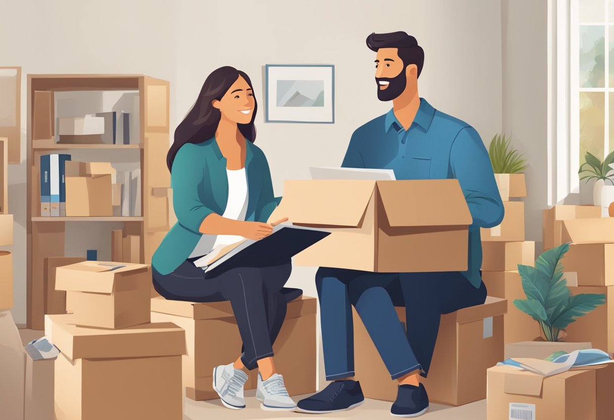 A moving broker discussing relocation benefits with a client, surrounded by boxes and moving supplies