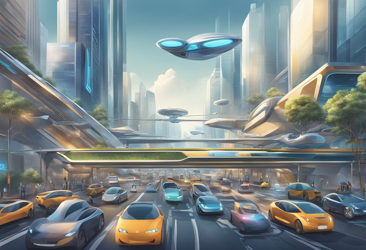 A bustling city street with futuristic vehicles and transportation infrastructure, showcasing the integration of technology in urban mobility