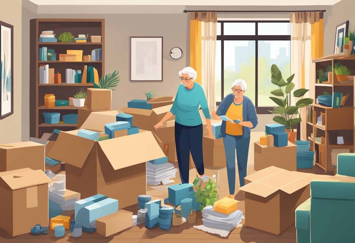 A senior couple packing boxes and furniture in a bright, cluttered living room with open moving boxes and packing supplies scattered around