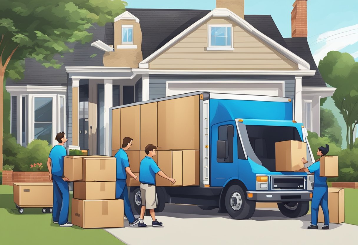 A family loading boxes into a moving truck while a professional moving crew unloads furniture into a new home