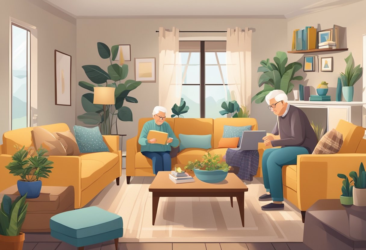 A cozy living room with comfortable furniture and warm decor, boxes scattered around as seniors unpack and organize their new home