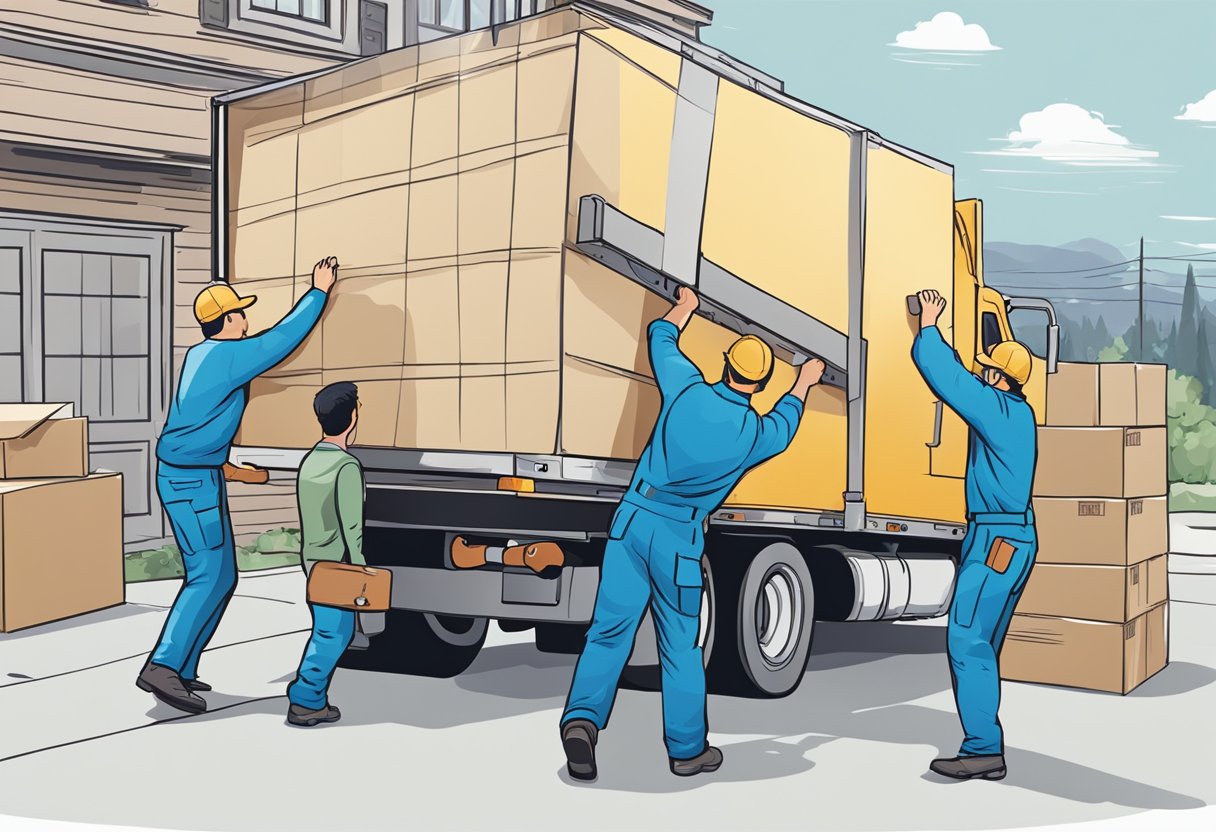 A single large item being carefully lifted and loaded onto a moving truck by a team of professional movers