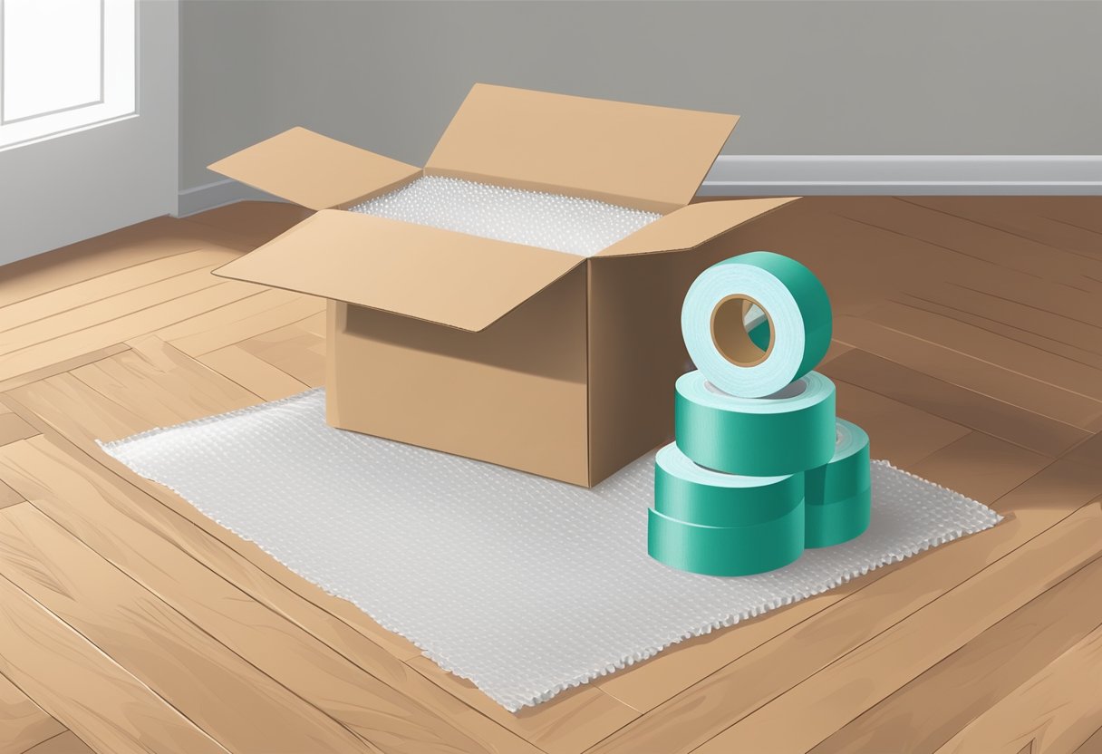 An open cardboard box with packing tape, bubble wrap, and a roll of packing paper on a wooden floor