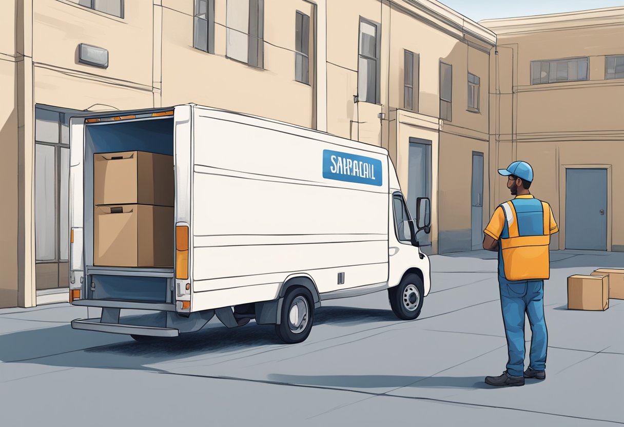 A single large item, like a couch, sits alone in a sparsely furnished room. A moving company truck is parked outside, with workers carrying the item