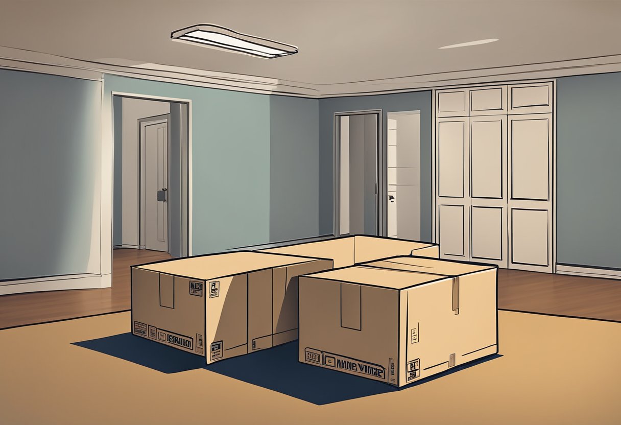 A sturdy moving box sits alone in an empty room, ready to be lifted and transported by a pair of professional movers