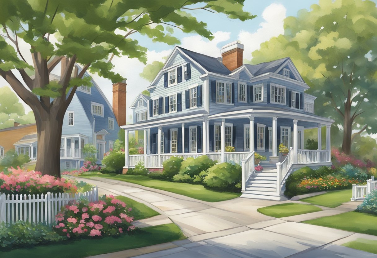 A suburban street on Long Island with manicured lawns, tree-lined sidewalks, and colonial-style houses. A nearby beach and bustling downtown area add to the charm