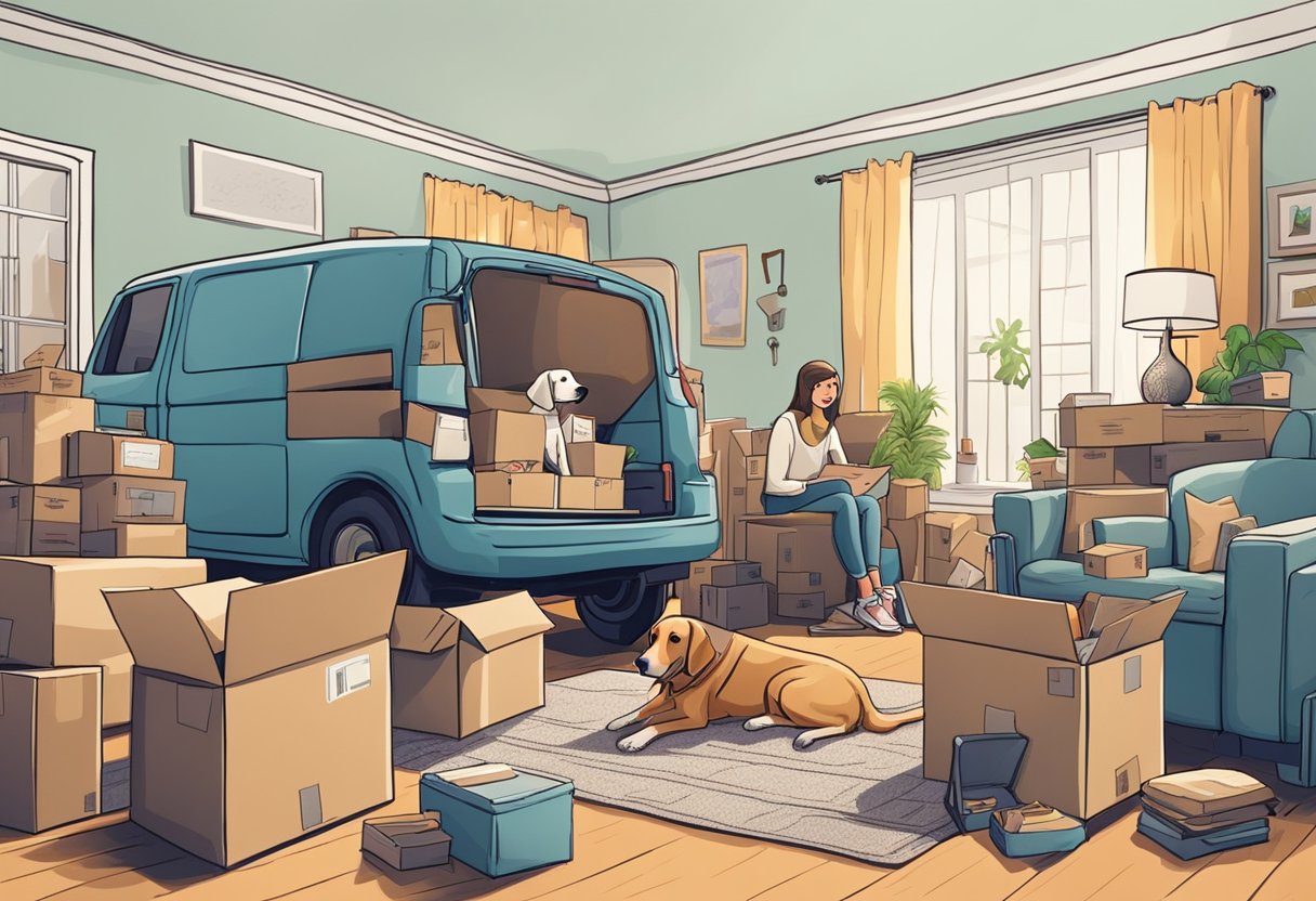 A family packing boxes and furniture into a moving truck, surrounded by a cluttered but organized living room. A pet dog watches from a comfortable bed in the corner