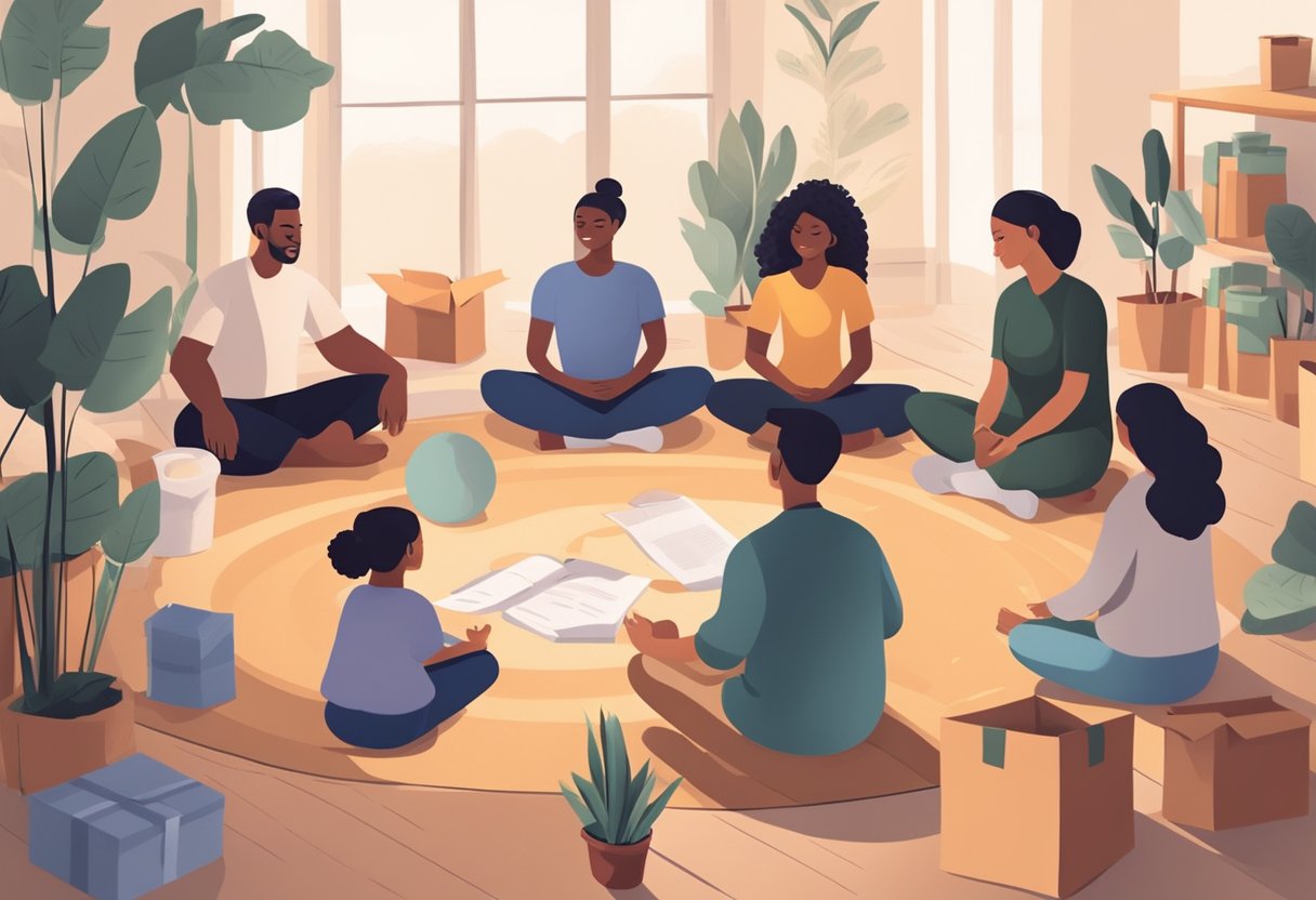 A family sitting in a circle, surrounded by moving boxes and packing materials. They are engaging in calming activities such as deep breathing and meditation to reduce stress