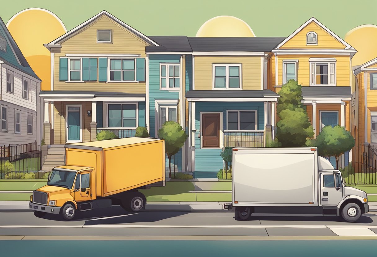 A moving truck parked in front of a house, with boxes and furniture being loaded onto it by movers. The sun is shining, and the neighborhood is bustling with activity