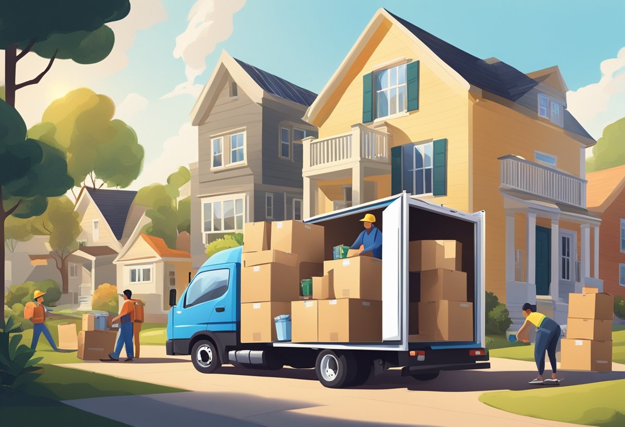 A moving truck parked in front of a house, with people carrying furniture and appliances into the truck. The sun is shining, and the surroundings are filled with moving boxes and packing materials