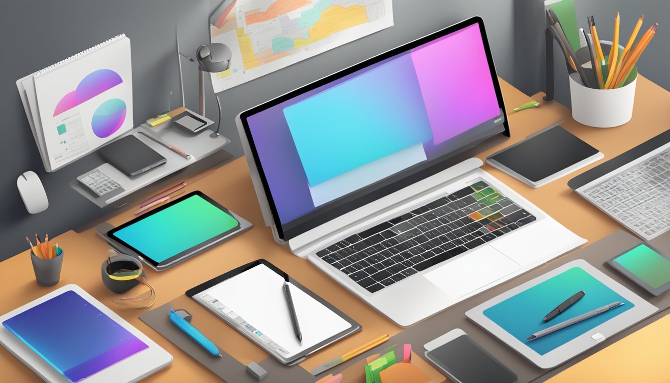 Et designers skrivebord med en datamaskin, nettbrett og skissebok omgitt av UI-designverktøy og materialer