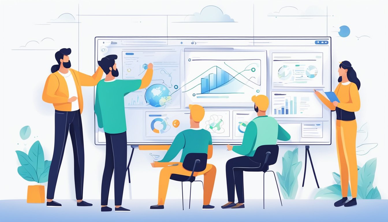 Et team samarbeider om et brukergrensesnittdesign for produktlevering, hvor de brainstormer og skisserer ideer på en tavle.