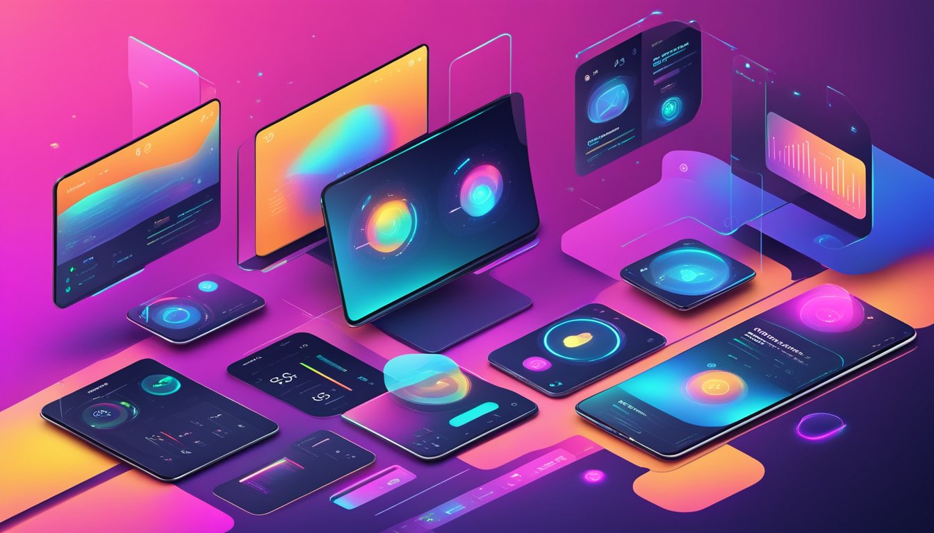 Et futuristisk UI-design med elegante, minimalistiske elementer og livlige, holografiske skjermer