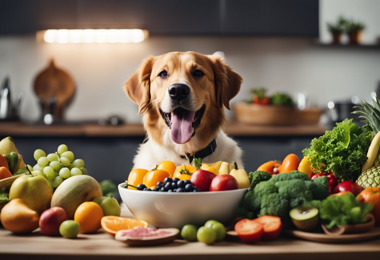 Um cachorro feliz comendo de uma tigela cheia de frutas frescas, vegetais e carne crua, cercado por uma variedade de ingredientes naturais