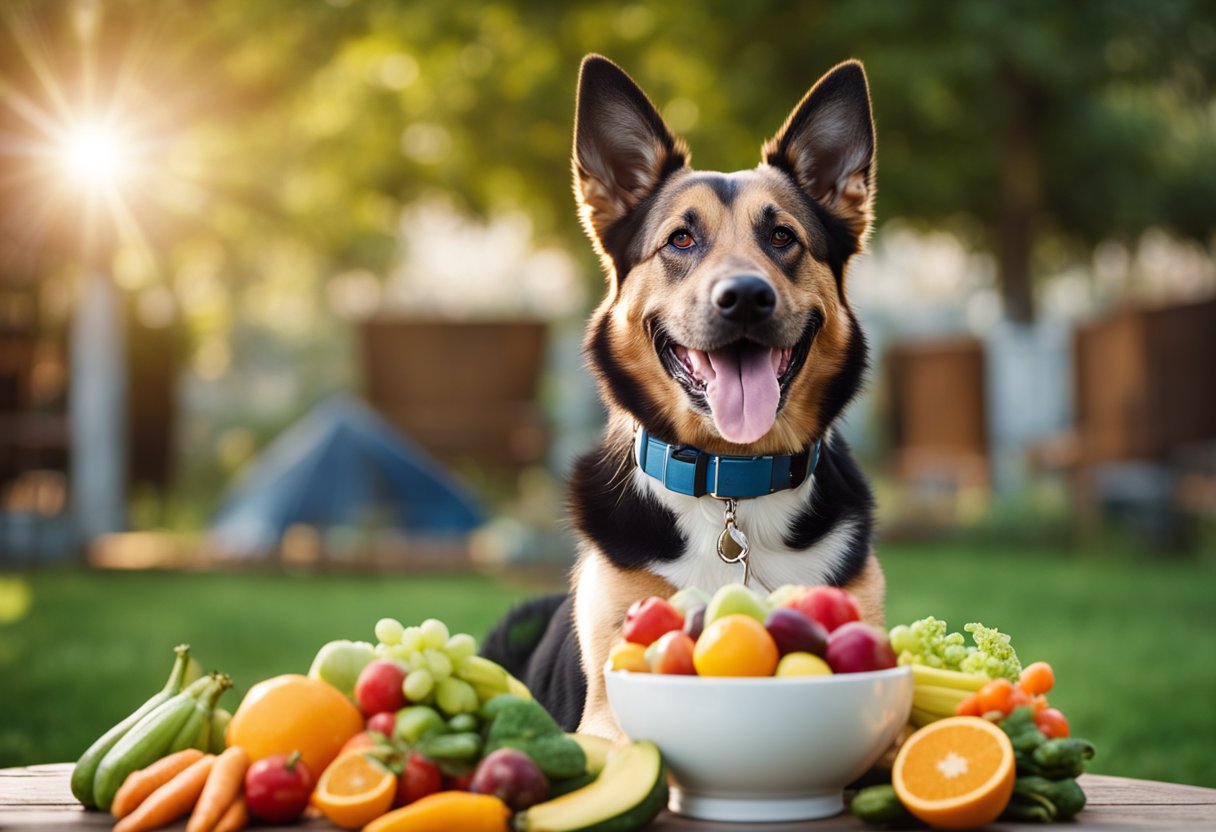 Um cachorro feliz com um pelo brilhante comendo uma tigela de frutas e vegetais frescos e coloridos ao lado de uma tigela de carne crua, com um fundo natural ao ar livre.