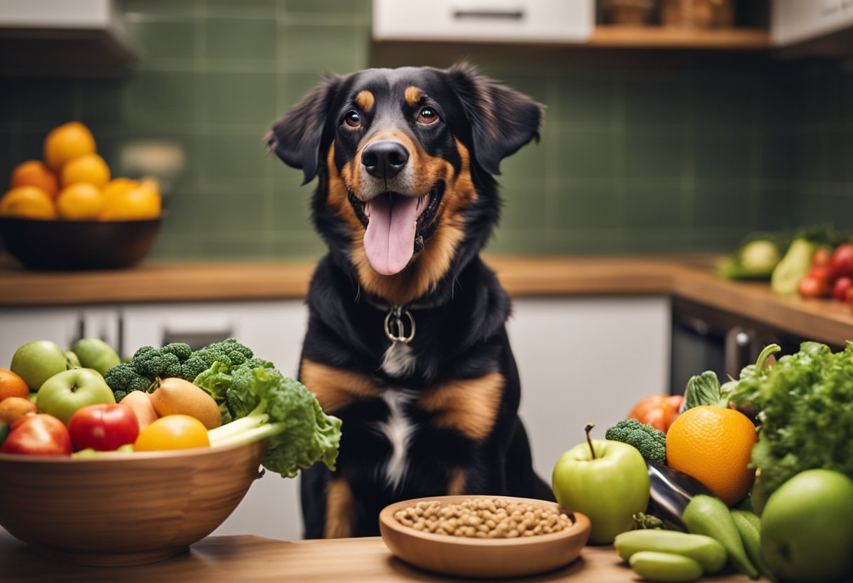 Um cachorro feliz comendo uma tigela de comida fresca e crua, cercado por frutas e vegetais vibrantes, com uma expressão de contentamento no rosto