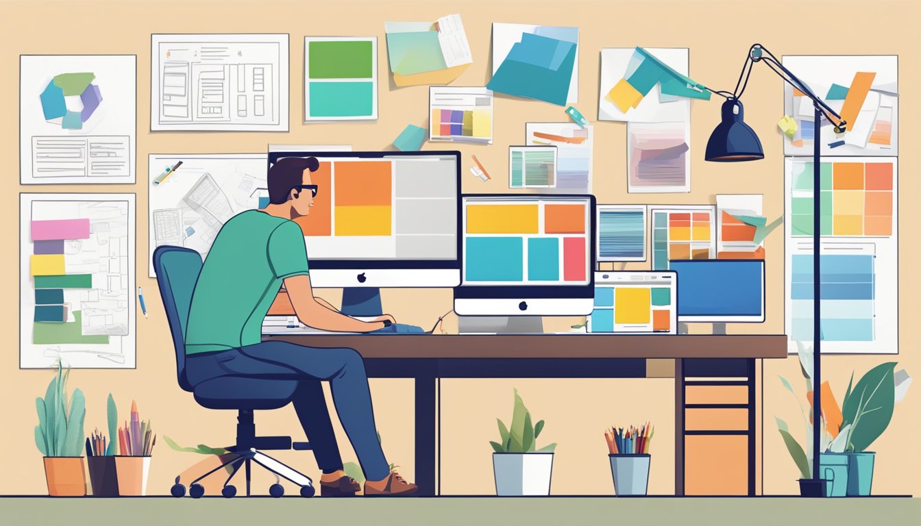 En webside design ved et skrivebord, omgitt av skisser, fargeprøver og dataskjermer, som lager et nettsideoppsett