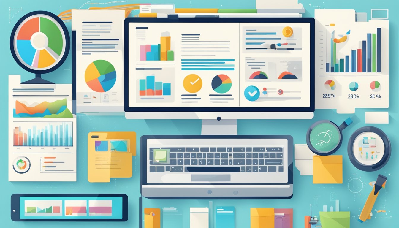 En dataskjerm som viser et nettsidedesign med elementer for søkemotoroptimalisering, omringet av ulike digitale markedsføringsverktøy og analyse-diagrammer