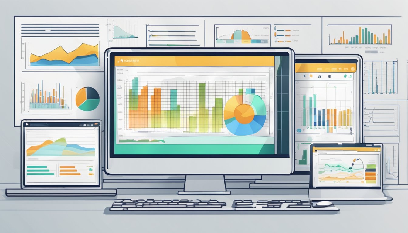 En dataskjerm som viser et moderne nettsidedesign med analytiske diagrammer og grafer i bakgrunnen