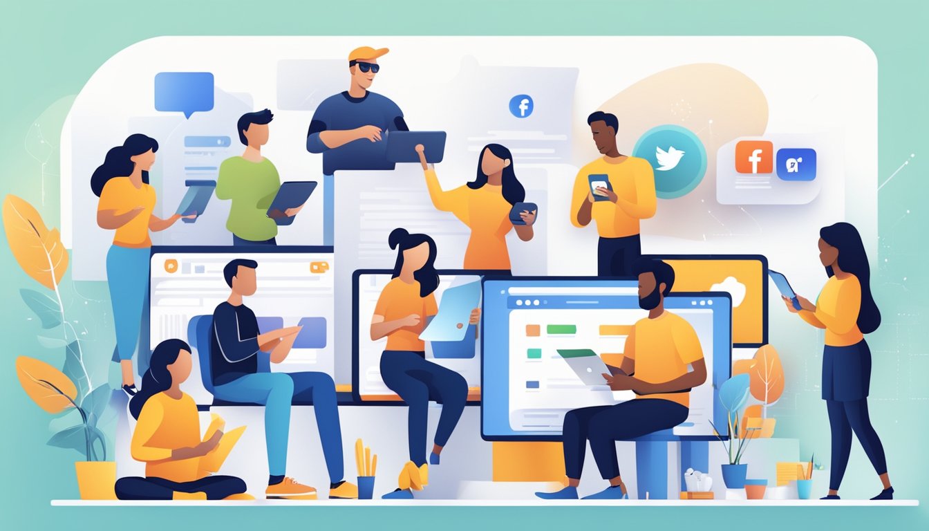 En mangfoldig gruppe mennesker som engasjerer seg med ulike sosiale medieplattformer og markedsføringsverktøy på et dynamisk og moderne nettsteddesign